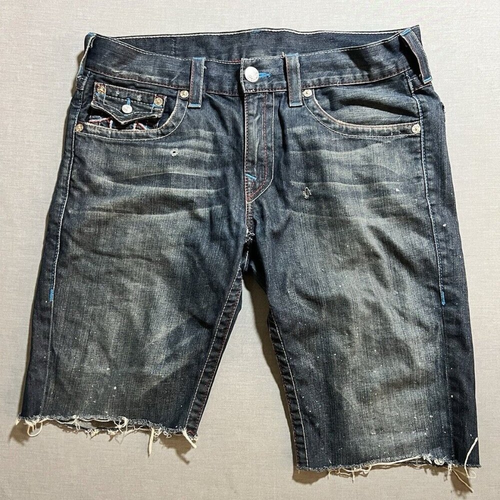 True Religion Slim Denim Shorts‎ Mens 34 Blue Denim Flap Pocketed Cut Off.